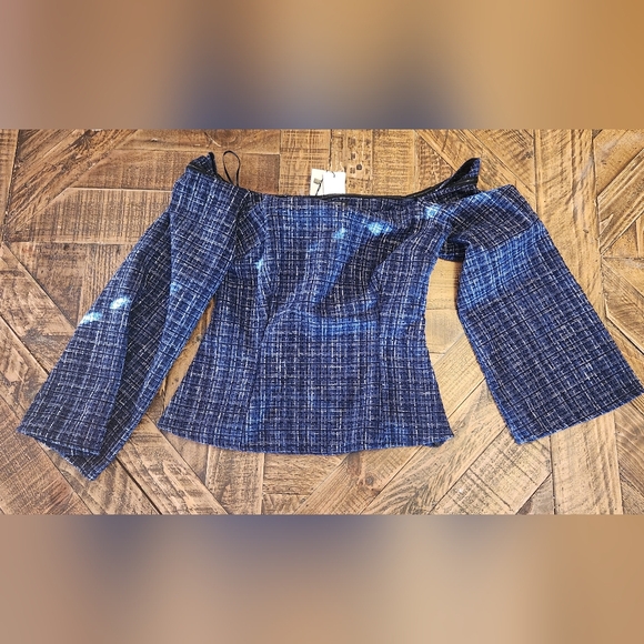 NWT ZARA Tweed Textured Off Shoulder Top Flare Long Sleeves Size XS - Picture 10 of 12